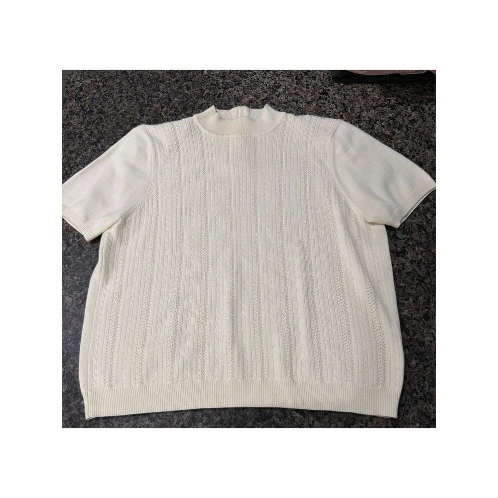 Alfred Dunner Womens XL Cream Cable Knit Beaded Mock Neck Short Sleeve Sweater